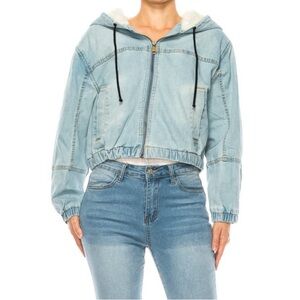 Ashley Vintage Charm Cropped Denim Sherpa Lined Hooded Jacket.